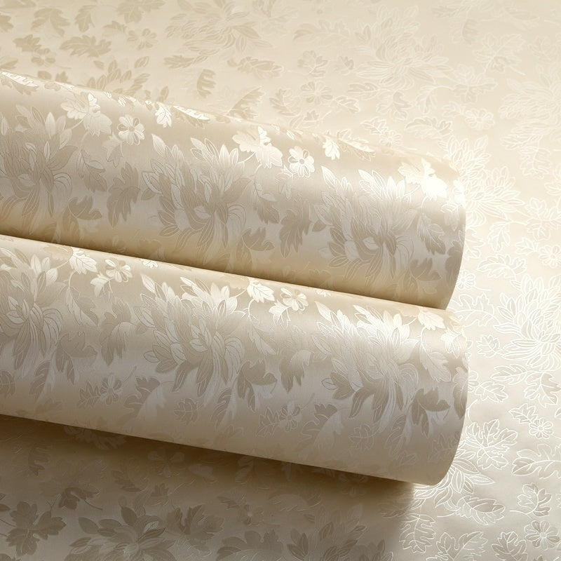 2 Rolls Waterproof PVC Wallpaper European Floral Cream Background Leaf Pattern Reusable for Living Room Bedroom