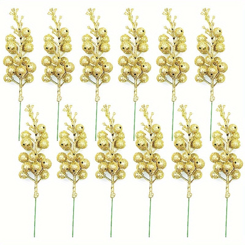 12 Sparkling Christmas Decorations Set with Gold Branches Ornaments Wreaths and Holiday Party Decor