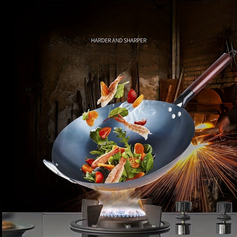 Qo'l bilan zarb qilingan yopishqoq quyma temir wok, ajratiladigan yog'och tutqichi bilan - 32.0 sm o'lcham, gaz pechlari uchun ideal va uy oshxonasida zarur