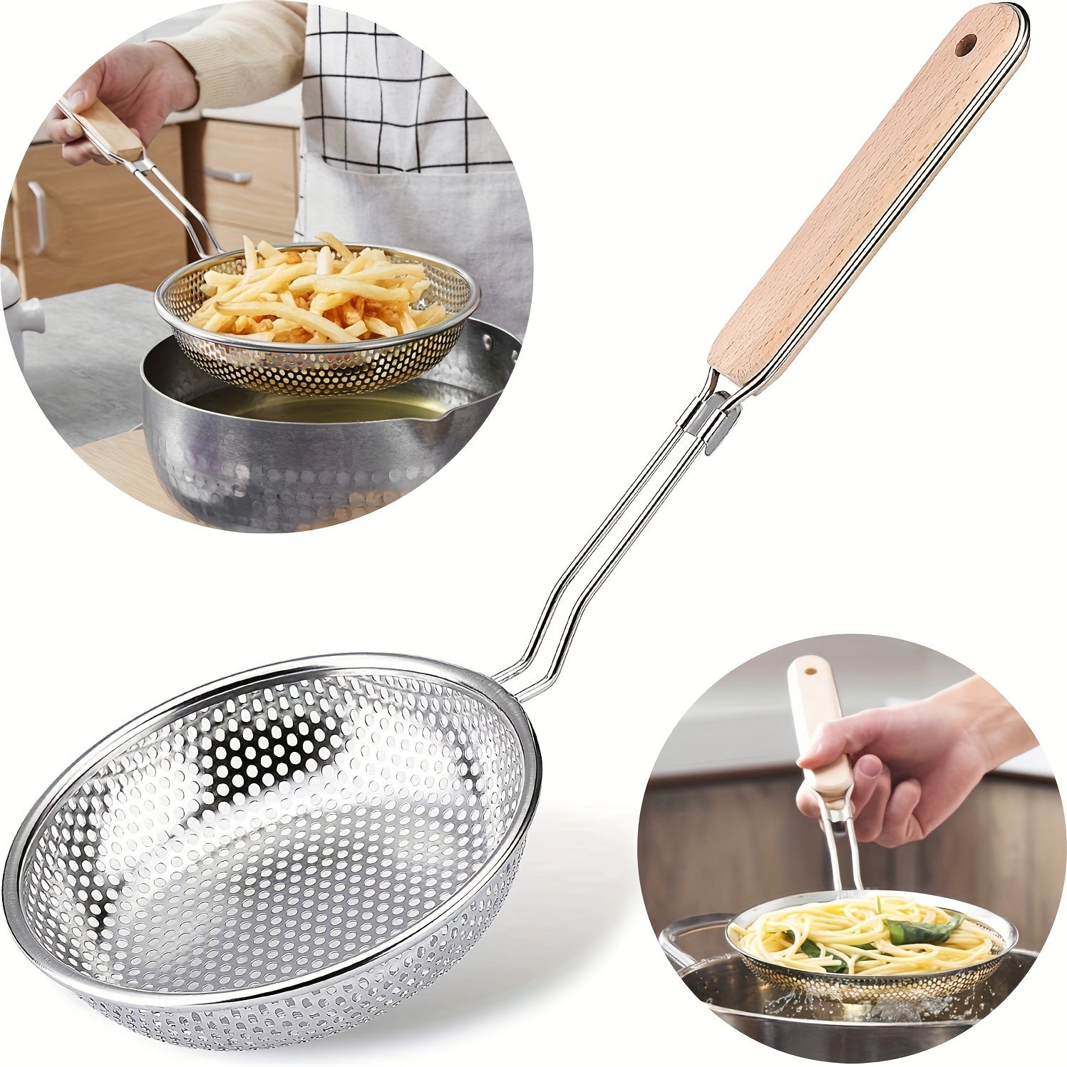 Stainless Steel Colander with Wooden Handle Fine Mesh Strainer for Cooking