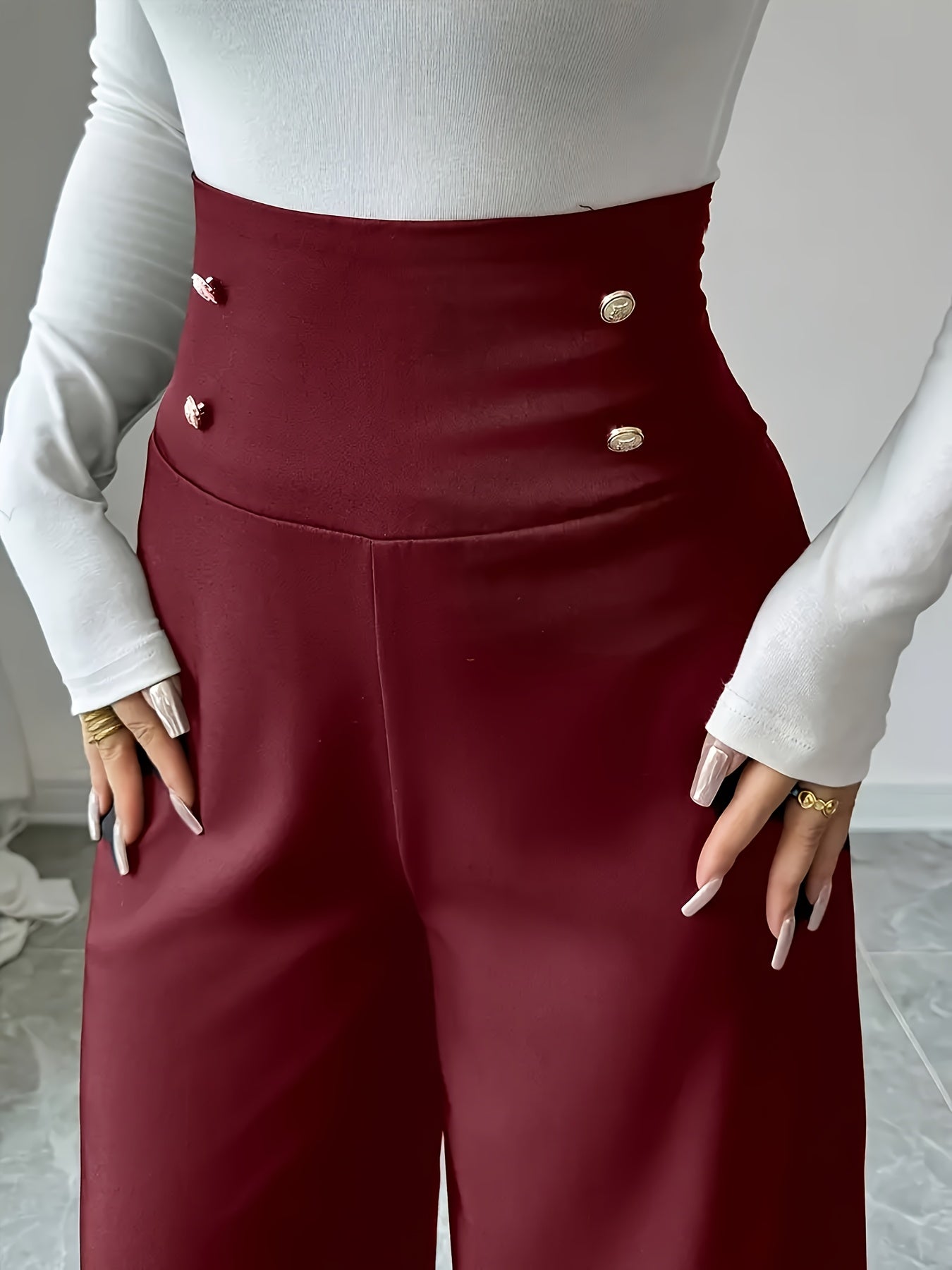 Women's Plus Size High-Waist Tummy Control Wide Leg Pants Polyester Knit Solid Color