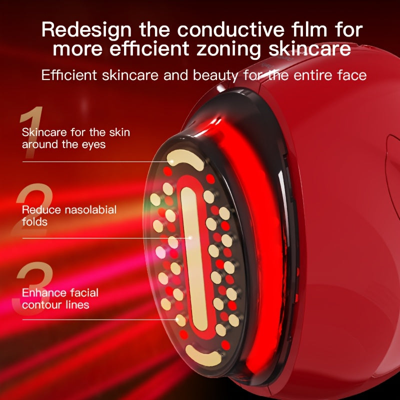 Qizil qo'l uskunasi, 3 ta teri parvarishi rejimi, USB orqali zaryadlanadigan, ergonomik dizayn, rangli yorug'lik bilan dam olish, uyda foydalanish, och bej parvarish aksessuarlari.