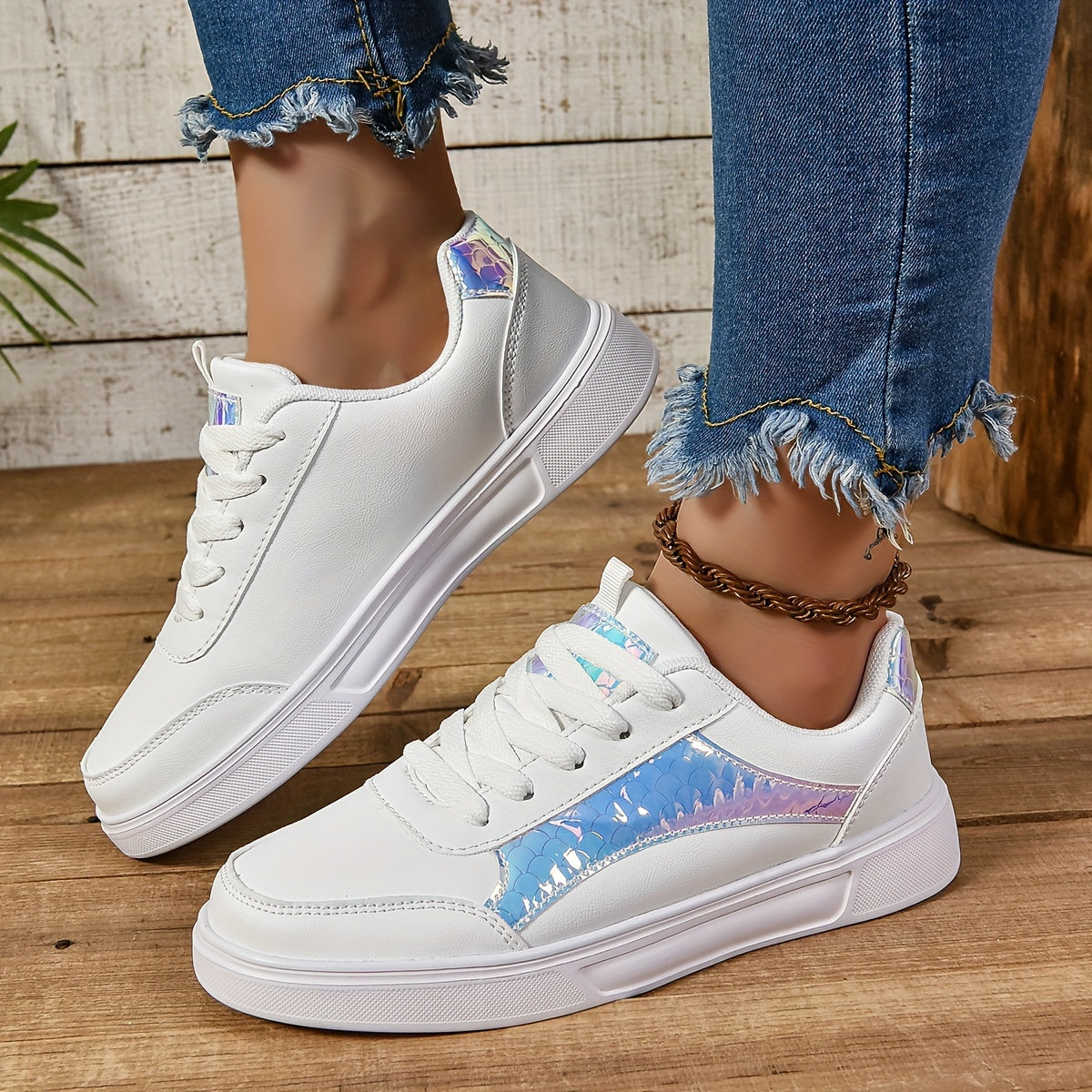 Women's White Glitter Sneakers Lightweight Lace-Up Low-Top Shoes