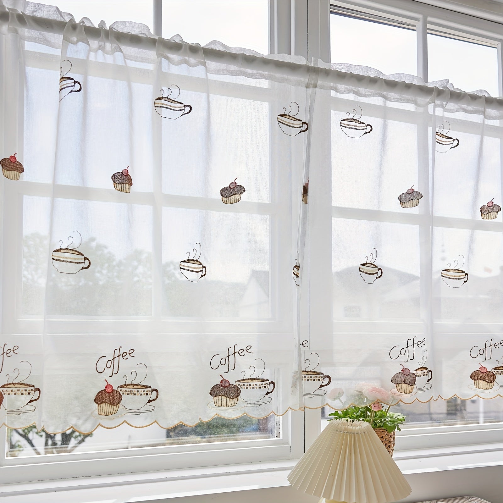 White Sheer Embroidered Cafe Curtain with Rod Pocket for Kitchen and Living Room