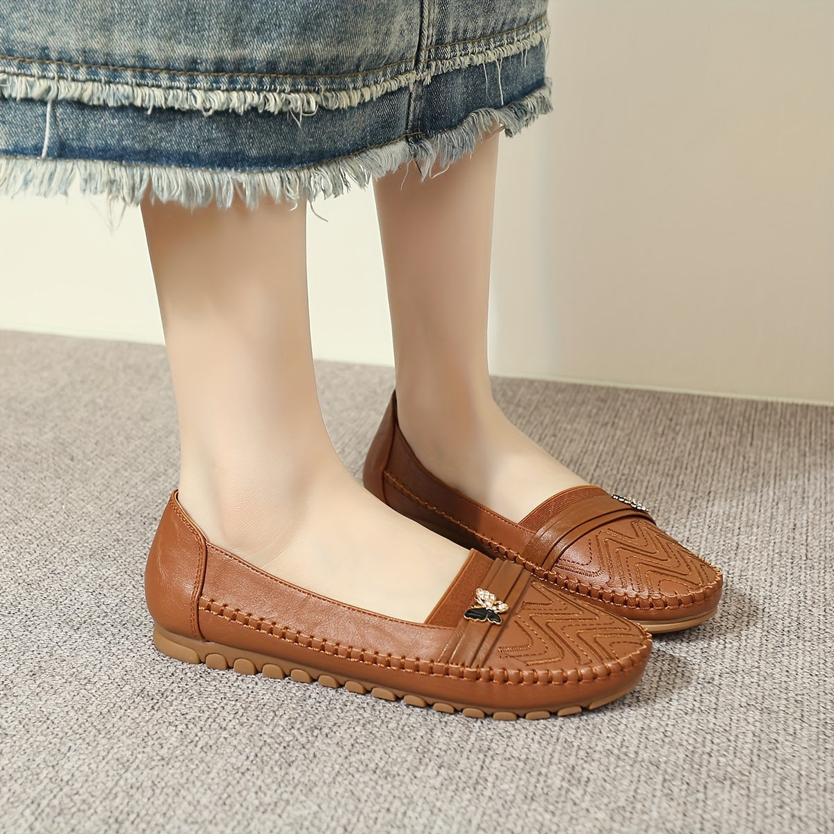 Women's Leather Slip-On Loafers with Non-Slip Sole and Soft Cover