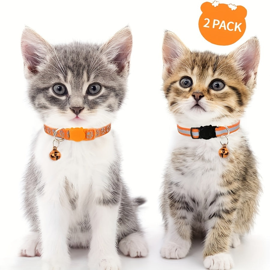 Reflective Cat Collars for Kittens with Footprints Bells Breakaway Design Polyester 2 Pack