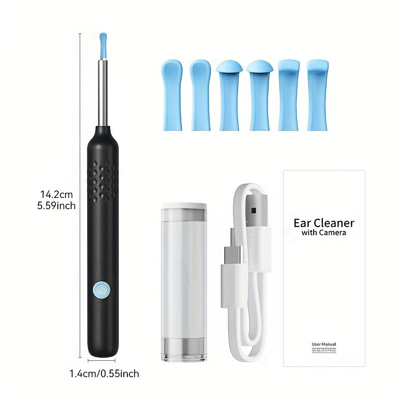 Kit de extracción de cera con otoscopio HD, recargable por USB, alimentado por batería, cámara intraural, negro
