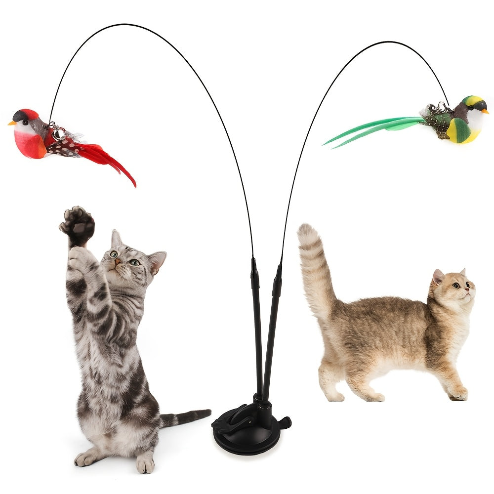 Cat Toy Set with Cartoon Pattern Feathers Bell and Adhesive Base Uncharged