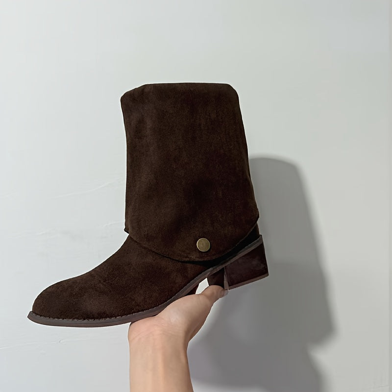 Women's Black Pointed Toe Chunky Heel Knee-High Winter Boots