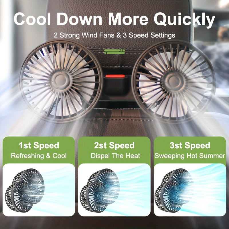 Car Fan Dual-Head Rear Air Circulator 3-Speed Adjustable 360° Rotation