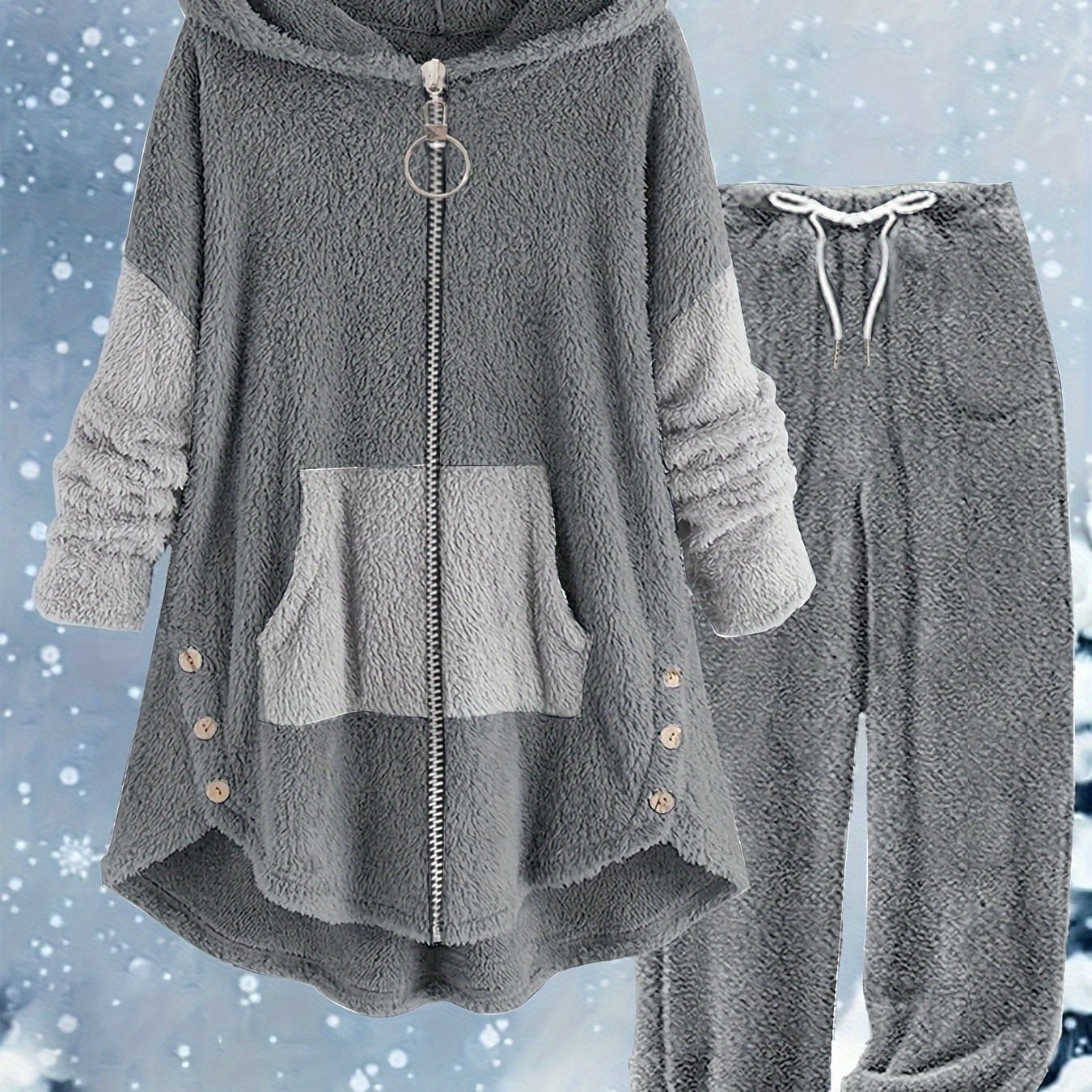 Ayollar uchun ikki qismli to'plam: Katta o'lchamdagi rangli blokli mo'ynali palto va mos keladigan sport shimlari