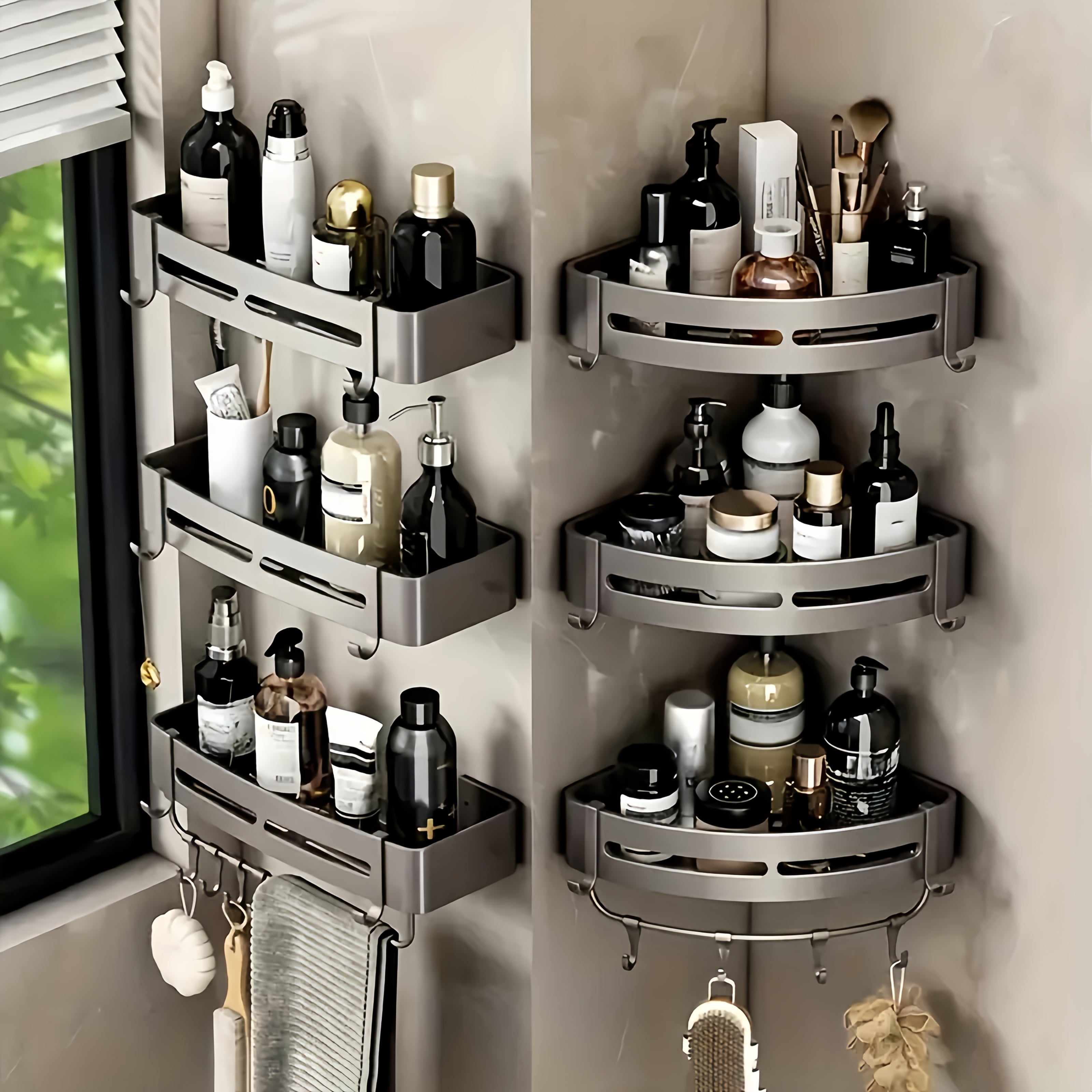 Set of 2 Adhesive Bathroom Corner Shower Racks for Shampoo Storage