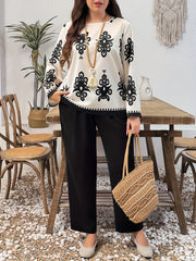 Plus Size Women's Woven Tunic Set with Round Neck and Drawn Pattern