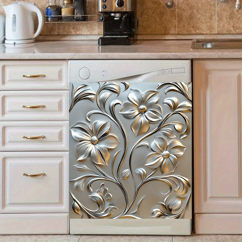 Imán de puerta de lavavajillas de PVC con diseño floral metálico 58.5x65cm, a prueba de agua y manchas