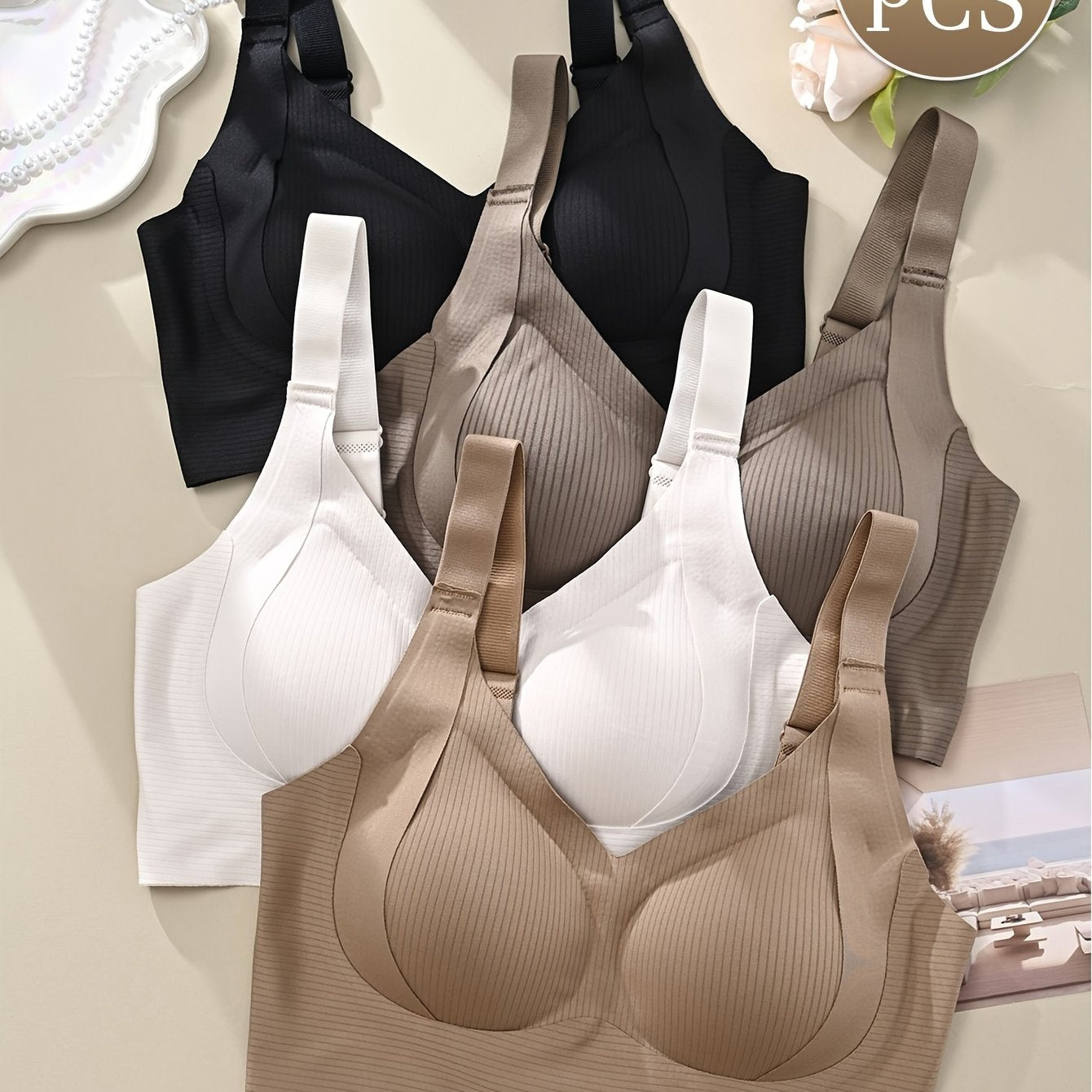 Women's Wire-Free Bras 4-Pack Seamless Soft Support Comfortable Black Beige White