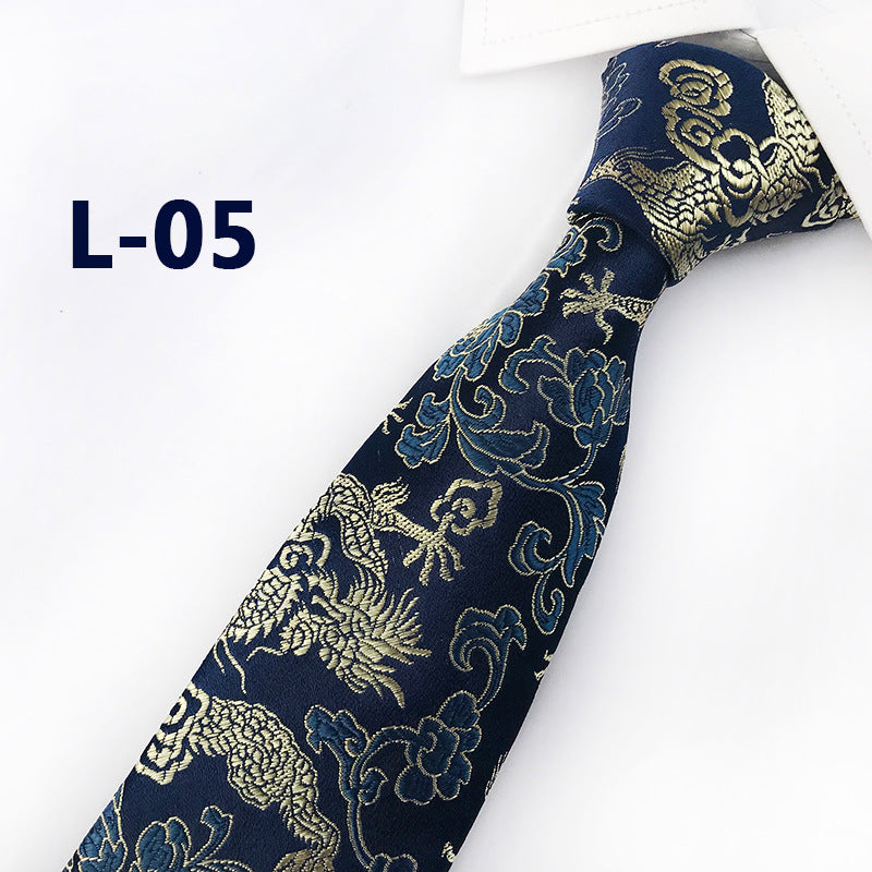 Men's Silk Tie with Hand-Embroidered Chinese Dragon and Peony Design