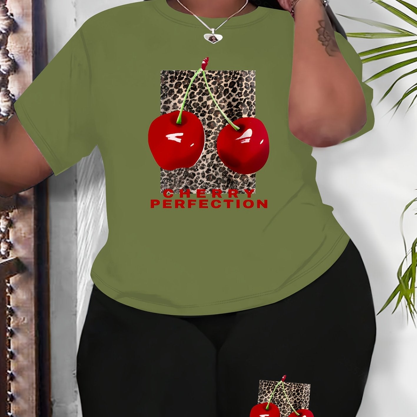 Plus Size Women Cherry Print Casual Outfit Shorts Set Summer Spring Fabric