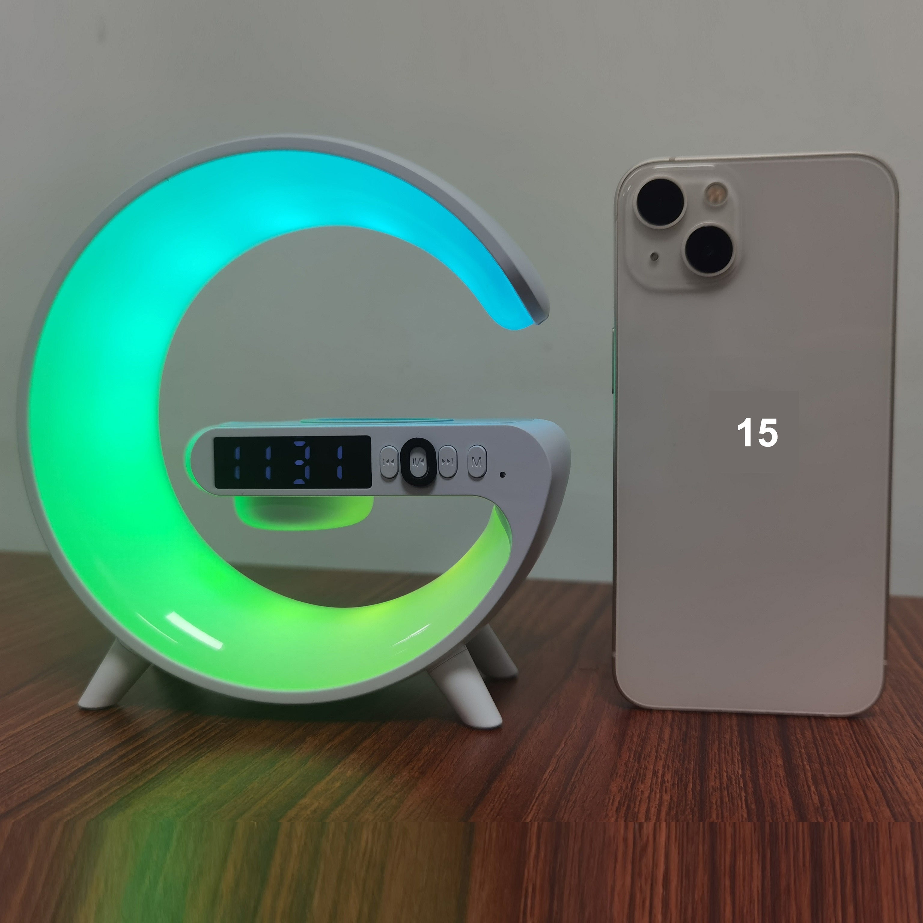Reloj despertador inalámbrico con luz ambiental RGB, altavoz inalámbrico, carga rápida, batería recargable