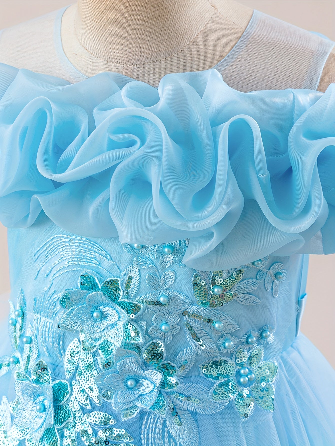 Girls' Long Embroidered Off-Shoulder Princess Dress with Pearl Tassels for Weddings and Parties