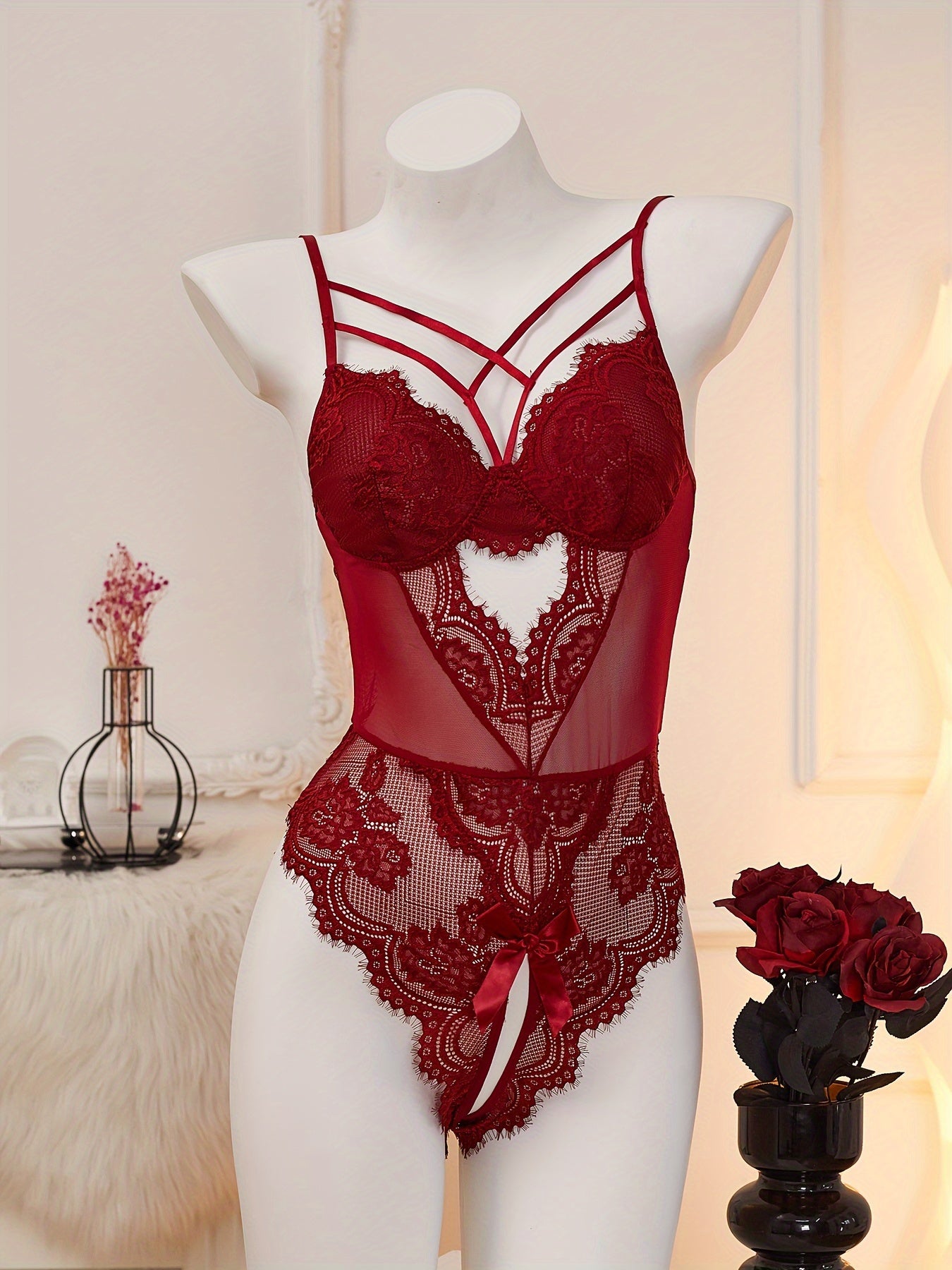 Women's Red Lace Velvet Teddy with Heart Cut-Out and Strappy Back