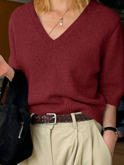 Women's Brown V-Neck Short Sleeve Knit Top High Stretch Jersey for Spring Summer