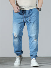 Plus Size Men's Distressed Ripped Denim Joggers Cotton Blend All-Season Casual