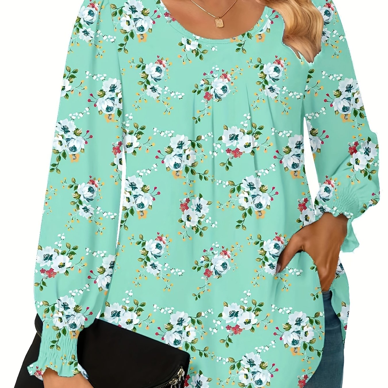Plus Size Floral Print Blouse Women's Casual Long Sleeve Shirt Machine Washable