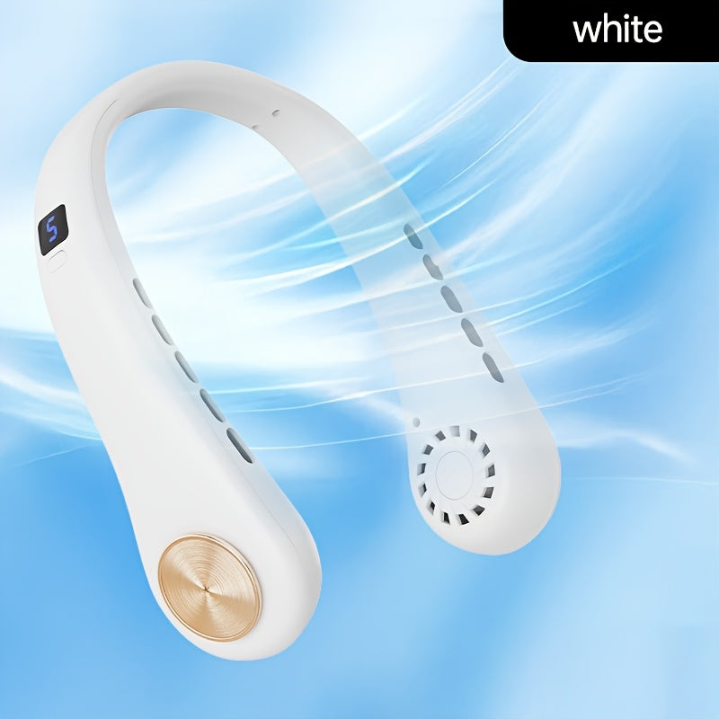 Silliq Oq va Oltin Portativ USB Qayta Zaryadlanuvchi Bo'yin Ventilyatori Raqamli Ko'rsatkich bilan - 5-tezlikda Sozlanadigan, Silikon O'lchamni Kengaytiruvchi, Tashqi Sport, Sayohat, Maktab va Quvvatni Oshirish uchun Mukammal - Portativ Ventilyator