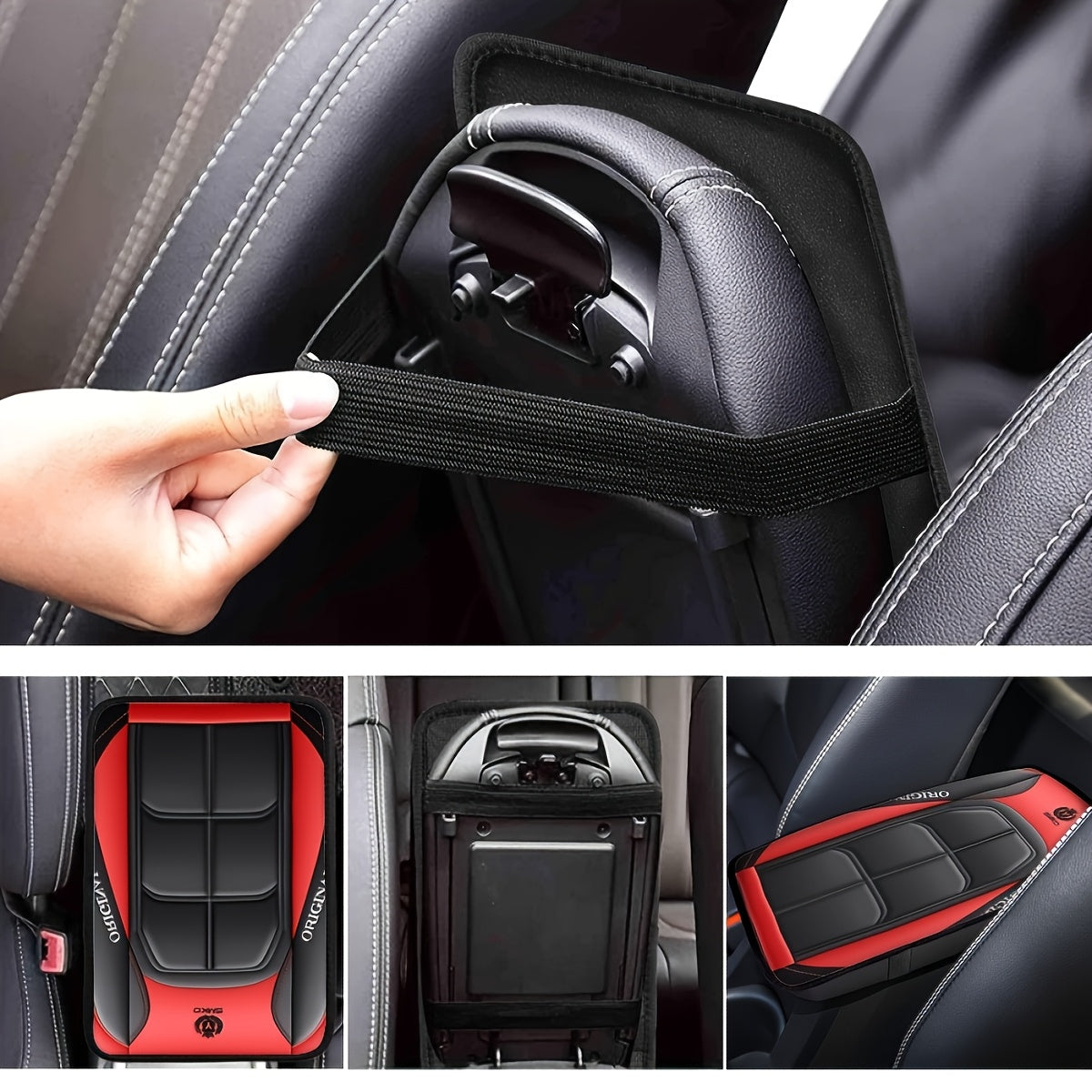 Car Interior Armrest Cover, Rubber, Black and Red, Durable Polyester