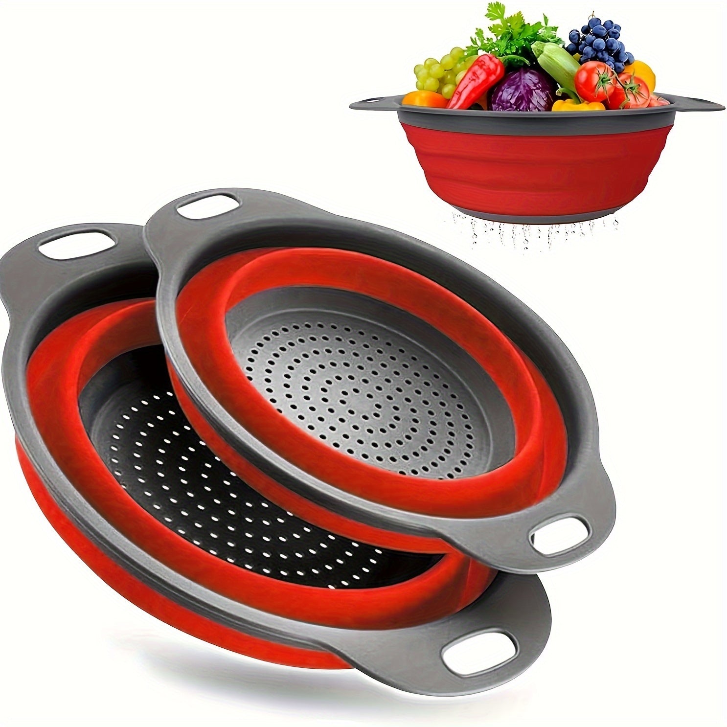 2 Pack Silicone Drain Basket Set Collapsible Funnels for Pasta Vegetables Fruits