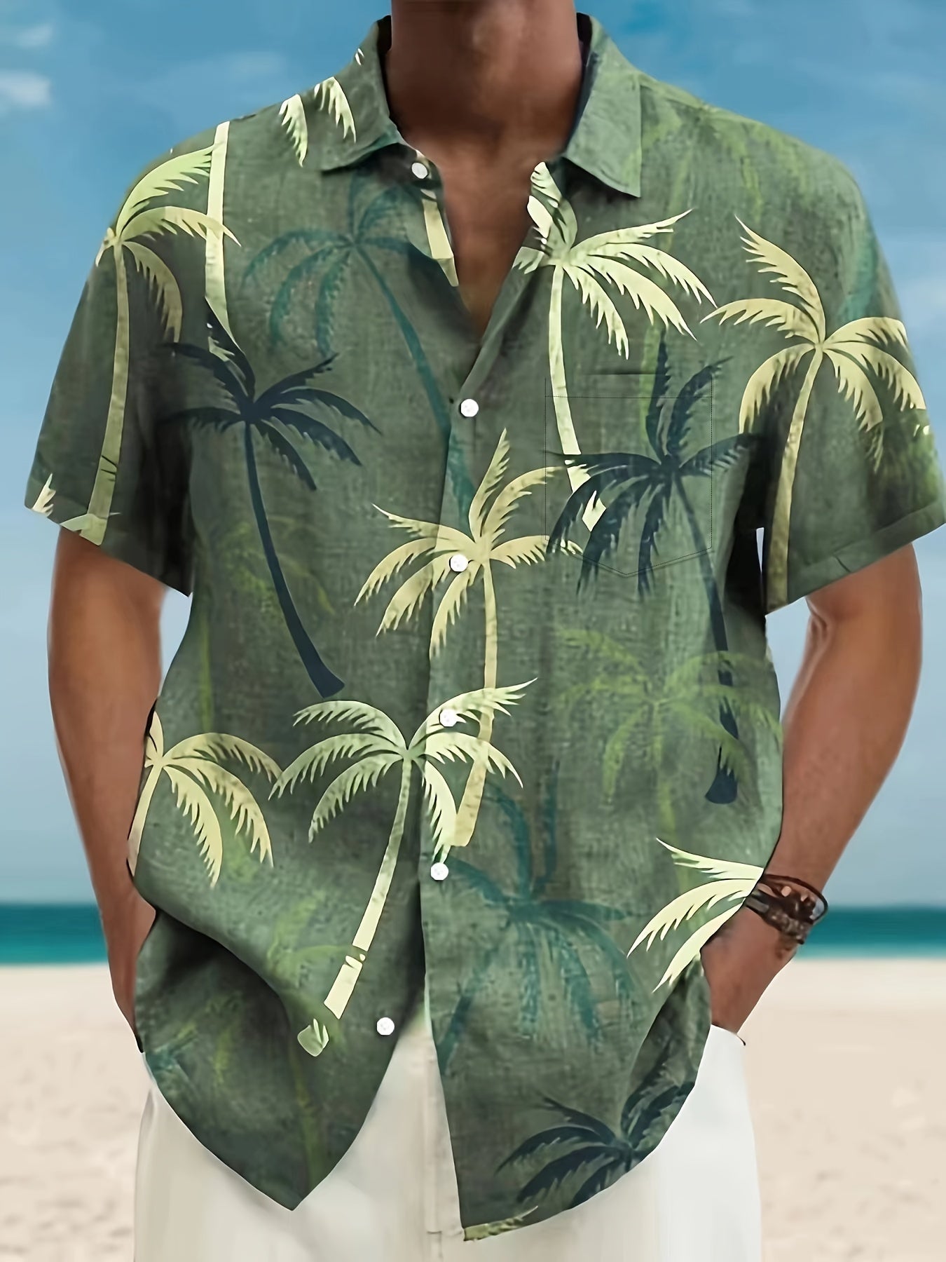 Camisa hawaiana de manga corta para hombre con estampado de palmeras tropicales verdes, cuello en V, ropa de playa y resort