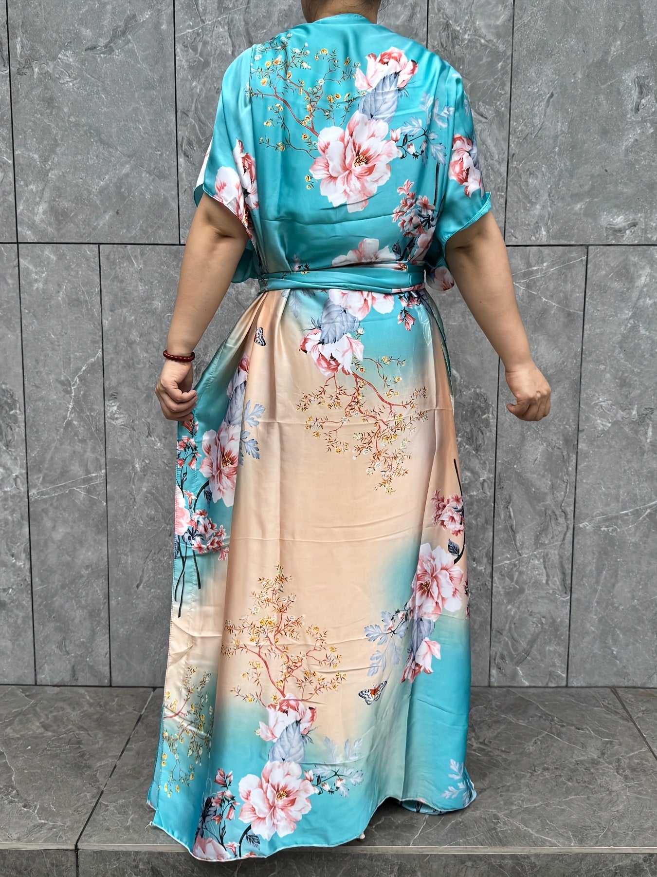 Plus Size Floral Print Kaftan Dress with Scarf Longline Loose Fit Summer