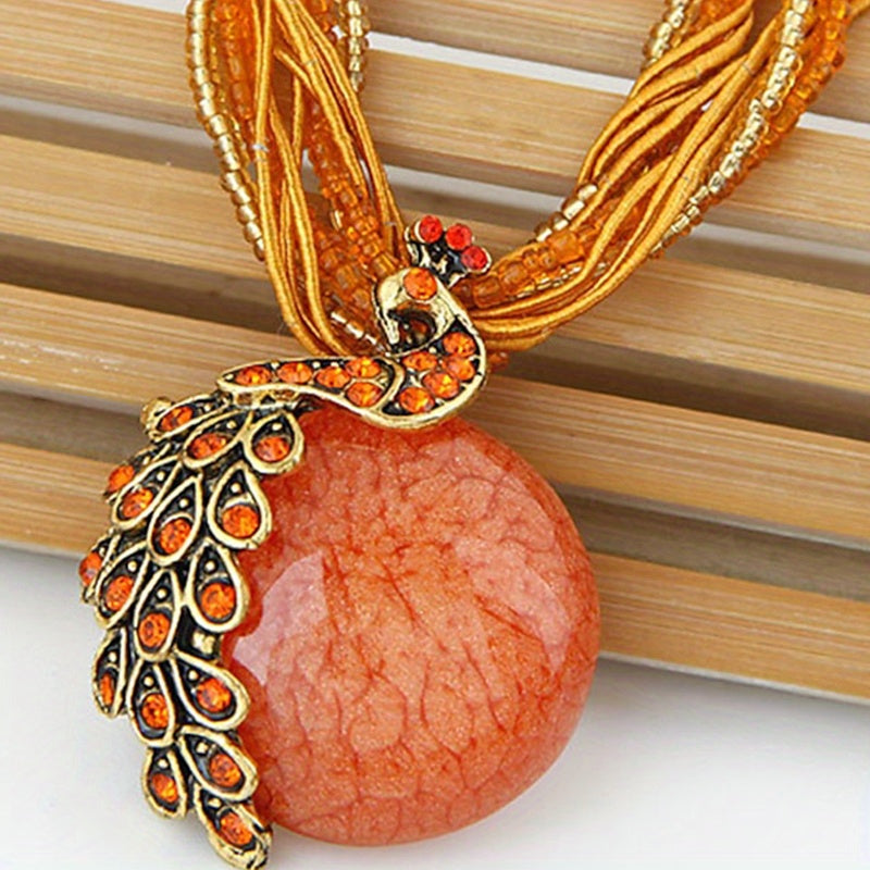 Vintage Alloy Peacock Leaf Gemstone Pendant Necklace Boho-Chic Jewelry