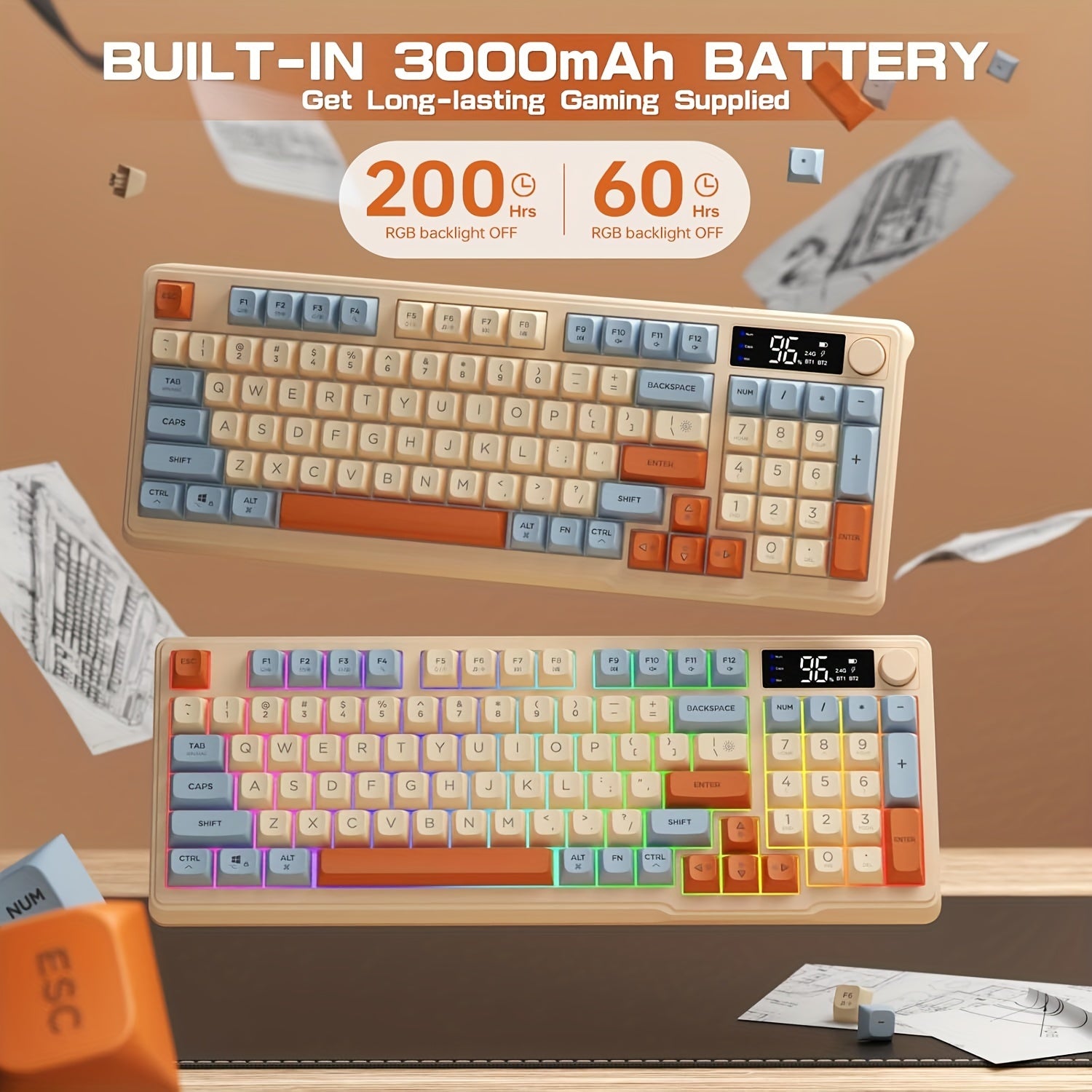 Клавиатура LexonElec M96 Wireless Gaming - Эргономичный механический тактильный, RGB LED подсветка, PBT клавиши, перезаряжаемая батарея 2000mAh, 94-клавишная раскладка для Windows и Mac.