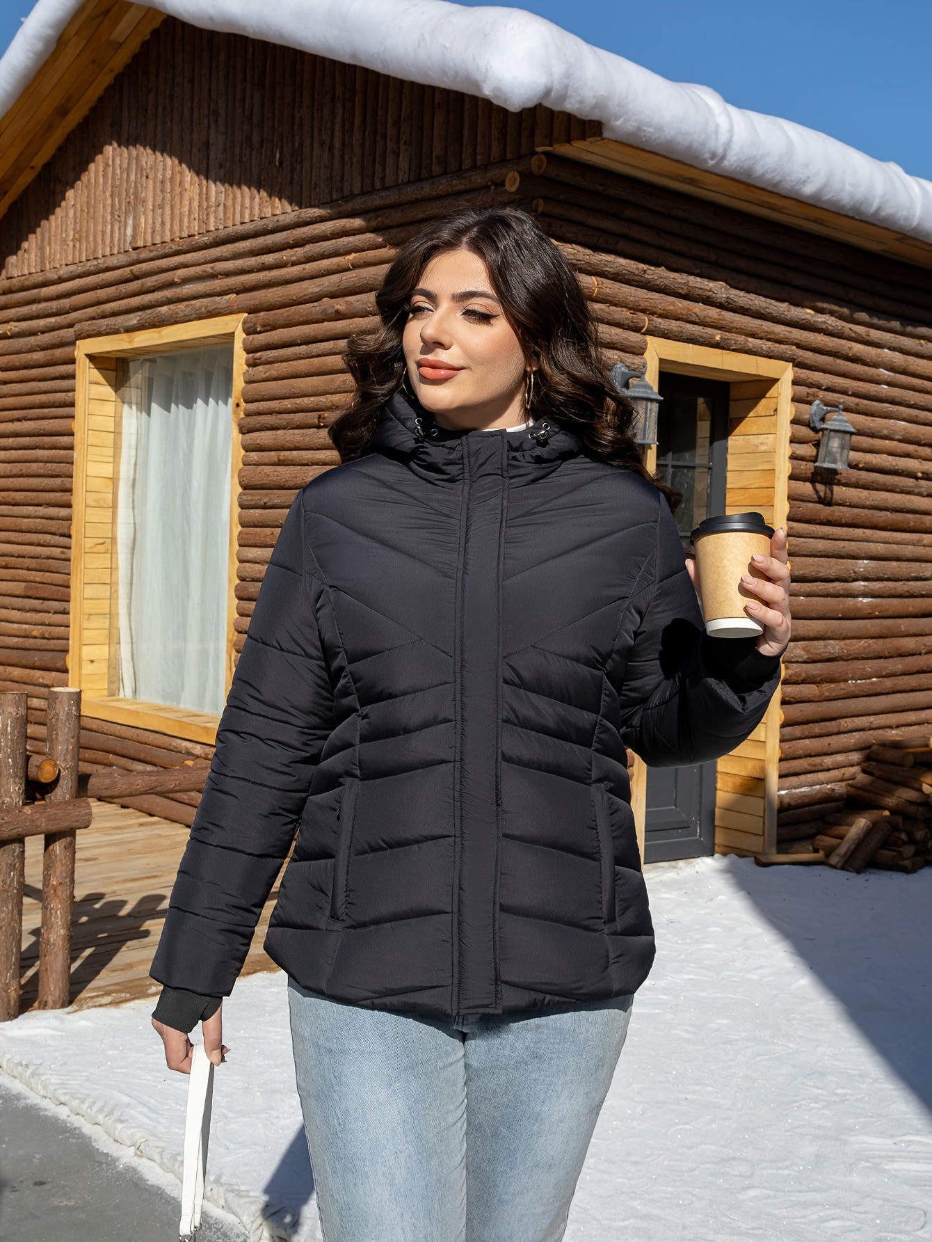 Katta o'lchamdagi ayollar uchun kapuchonli kurtka, 100% polyesterdan tayyorlangan, bir rangda, kuz/qish uchun mukammal. Cho'ntaklar va shamolga chidamli dizayn xususiyatlariga ega.