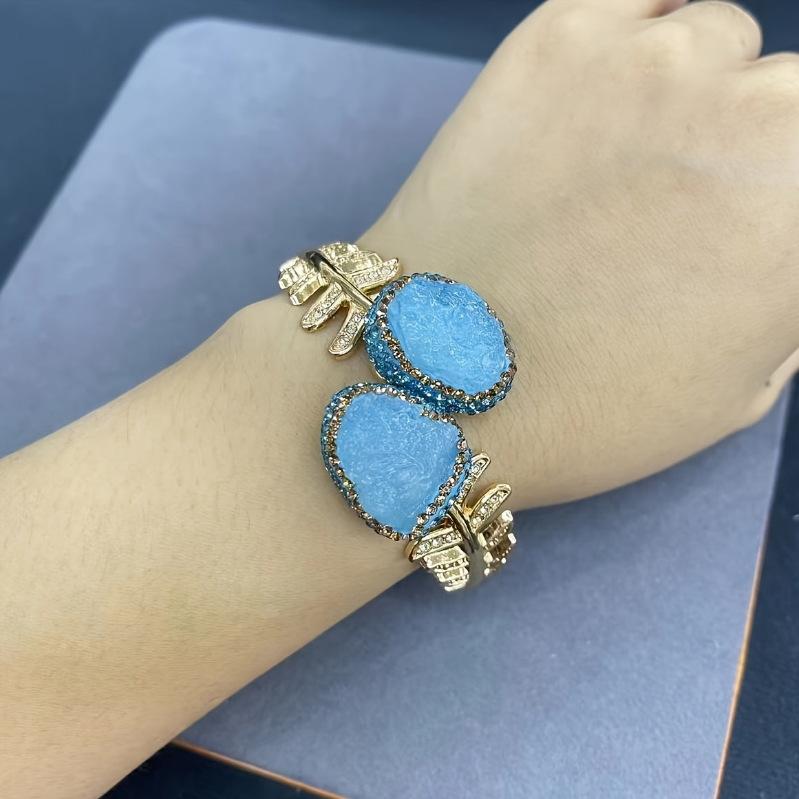 Aquamarine Raw Stone Bracelet for Women Bohemian Minimalist Gold Plated Adjustable Leaf Design