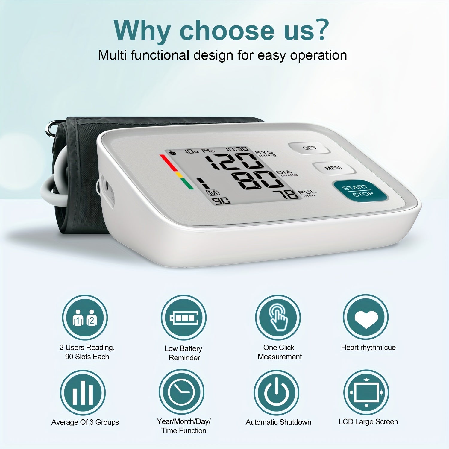 Digital Home Blood Pressure Monitor with Automatic Upper Arm Cuff 22-43 cm