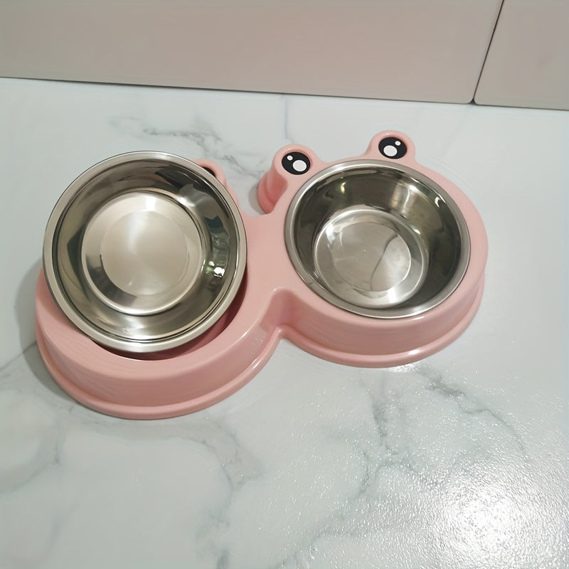 Stainless Steel Double Bowl for Small Dogs and Cats with Pet Frog Design