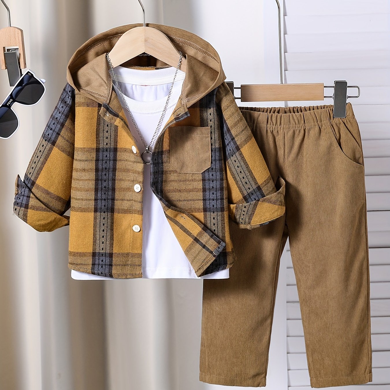 Boys Plaid Hooded Shirt and Pants Set Fall Winter Casual Polyester