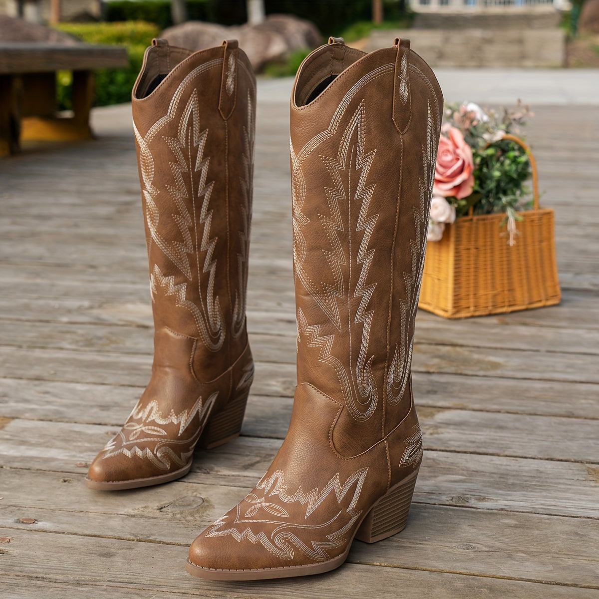 Women's Western Embroidered Faux Leather Cowboy Boots with Chunky Heel