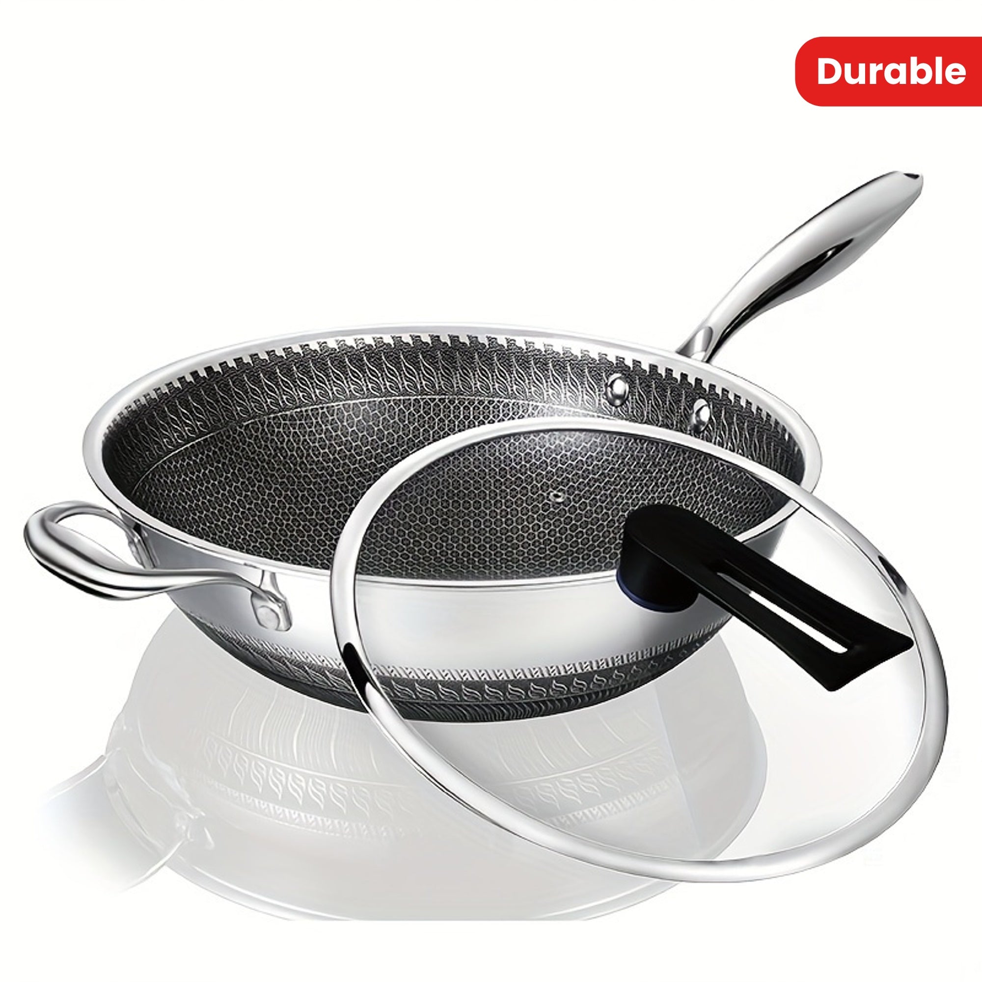Stainless Steel Wok Non-Stick Honeycomb Design Durable Cooking Pan