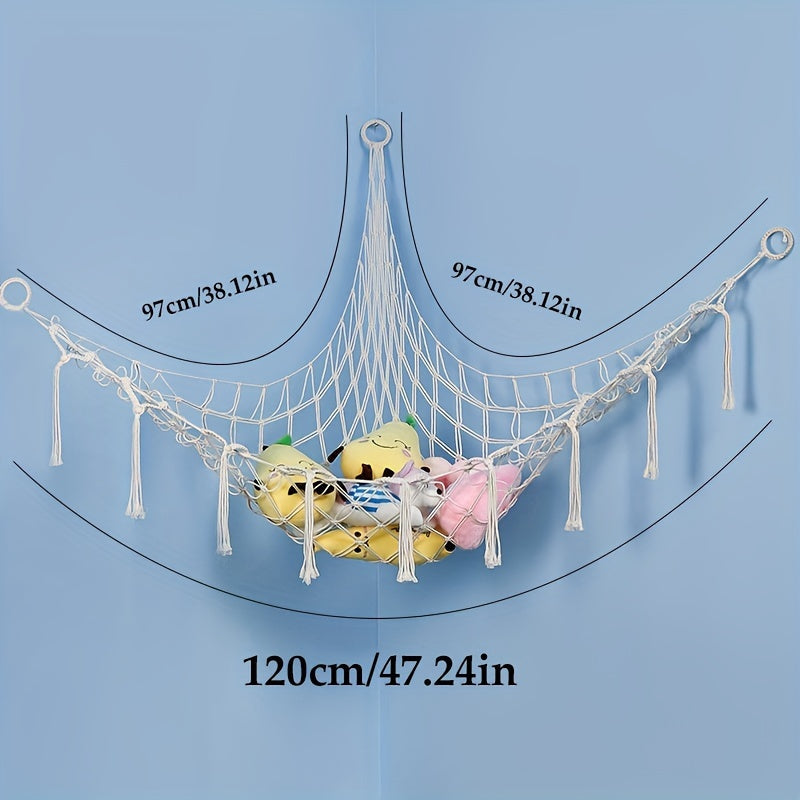 Wall Corner Toy Storage Net Hand-Woven Rope Hammock for Stuffed Animals and Toys