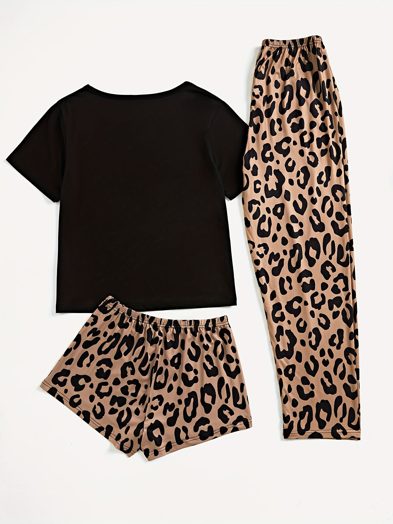 Women's 3-Piece Leopard and Lips Print Pajama Set Short Sleeve Top Shorts Long Pants Sleepwear