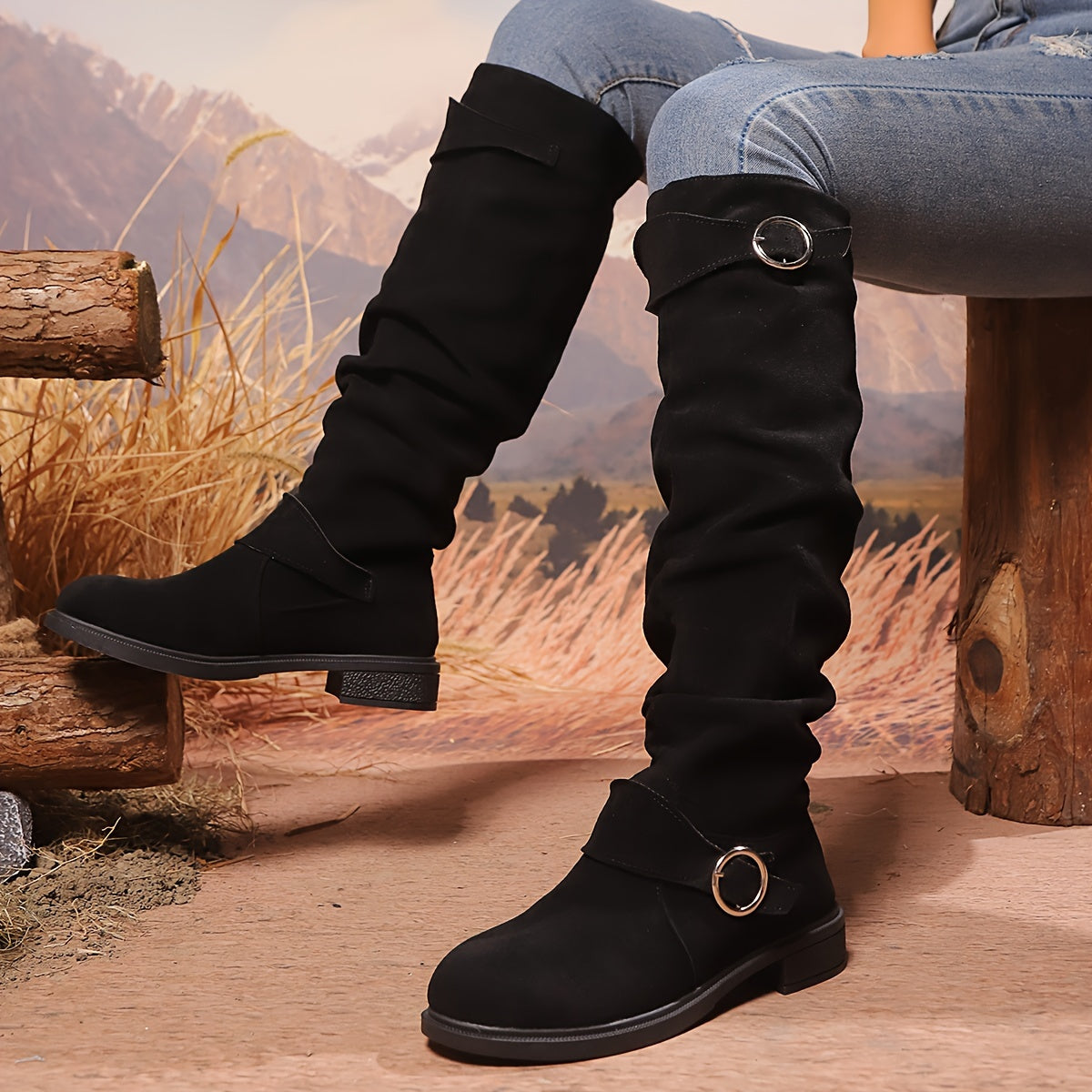 Women's Leather Button Pleated High Top Knee Boots