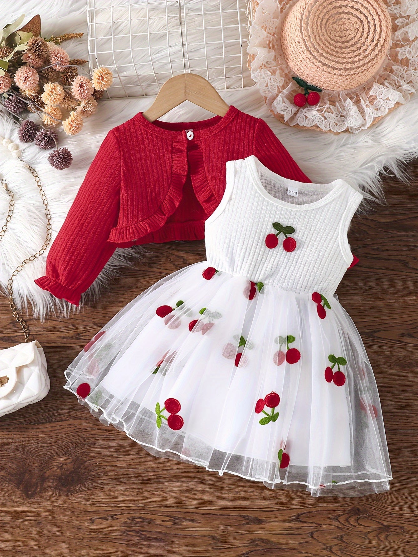 Girls' Dress Set with Ruffle Top and Cherry Embroidered Mesh Dress for Spring Fall