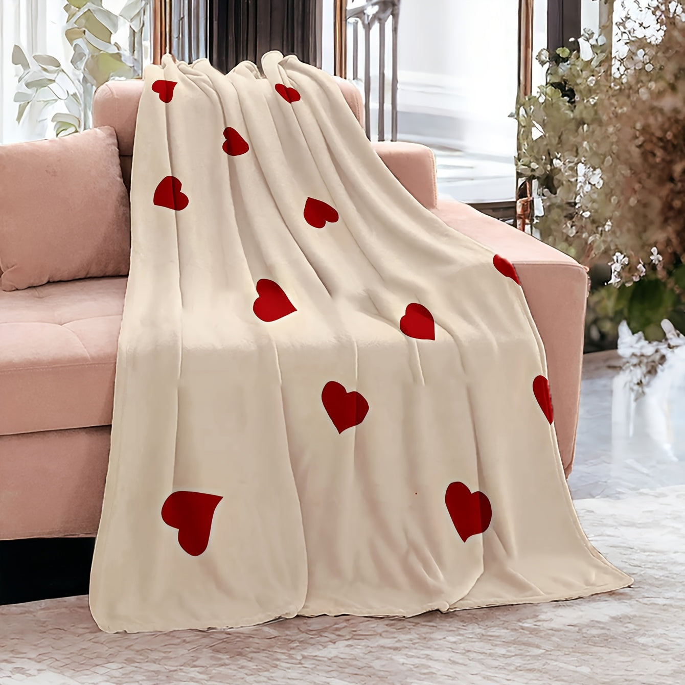 Red Heart Pattern Throw Blanket Cozy Polyester Coral Fleece for Couch Bed Camping