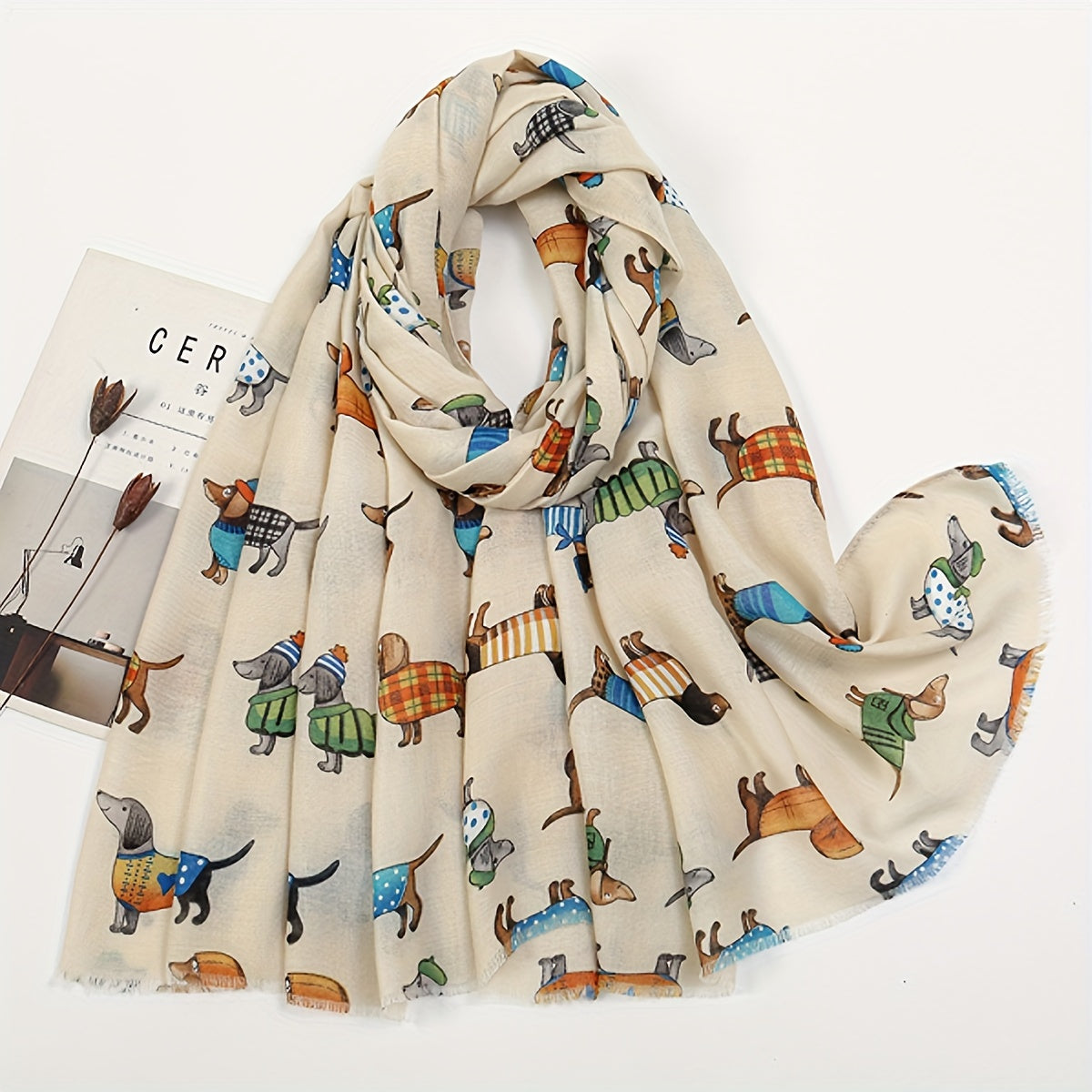 Breathable Cartoon Cat Print Scarf with Short Beard Design Elastic Sunscreen Head Wrap