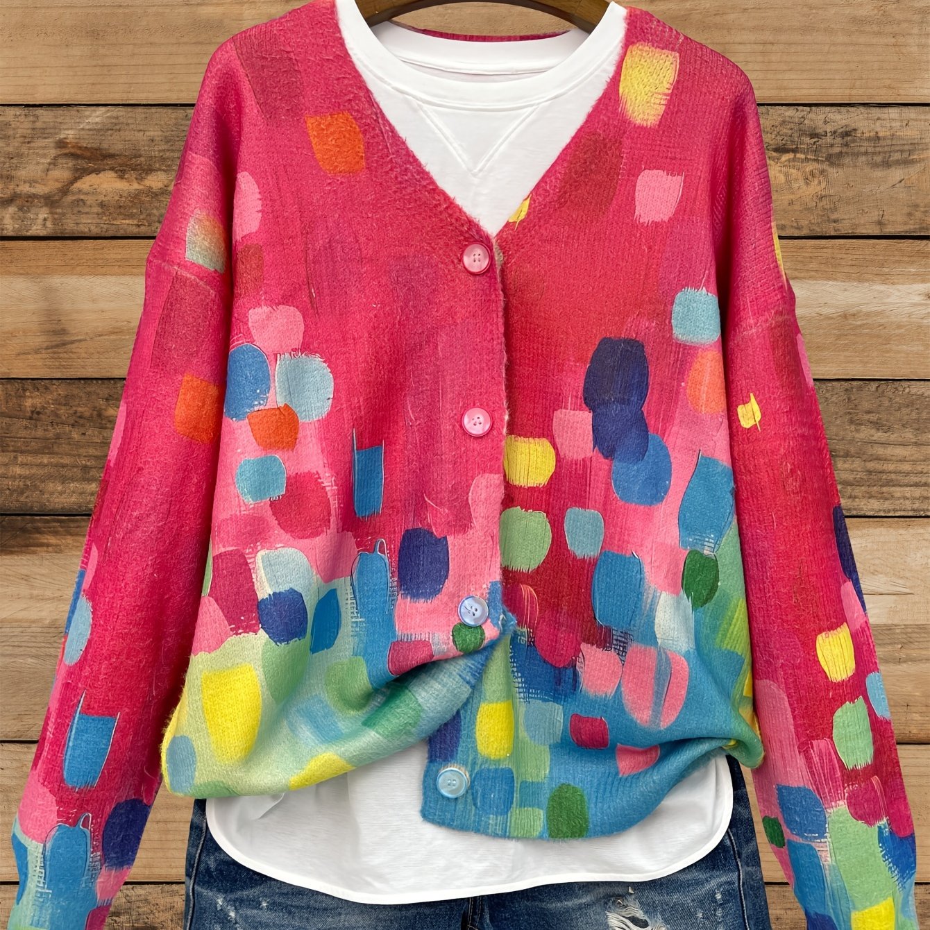 Plus Size Women’s Polyester Knit V-Neck Cardigan with All Over Print