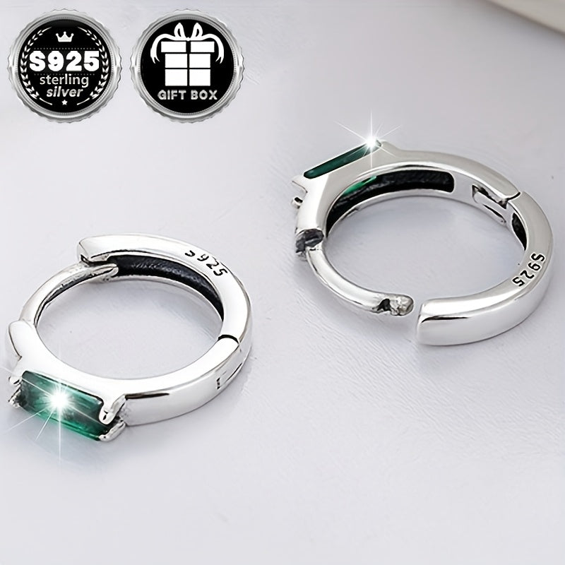Unisex Sterling Silver Earrings with Green Zirconia Square Inlay