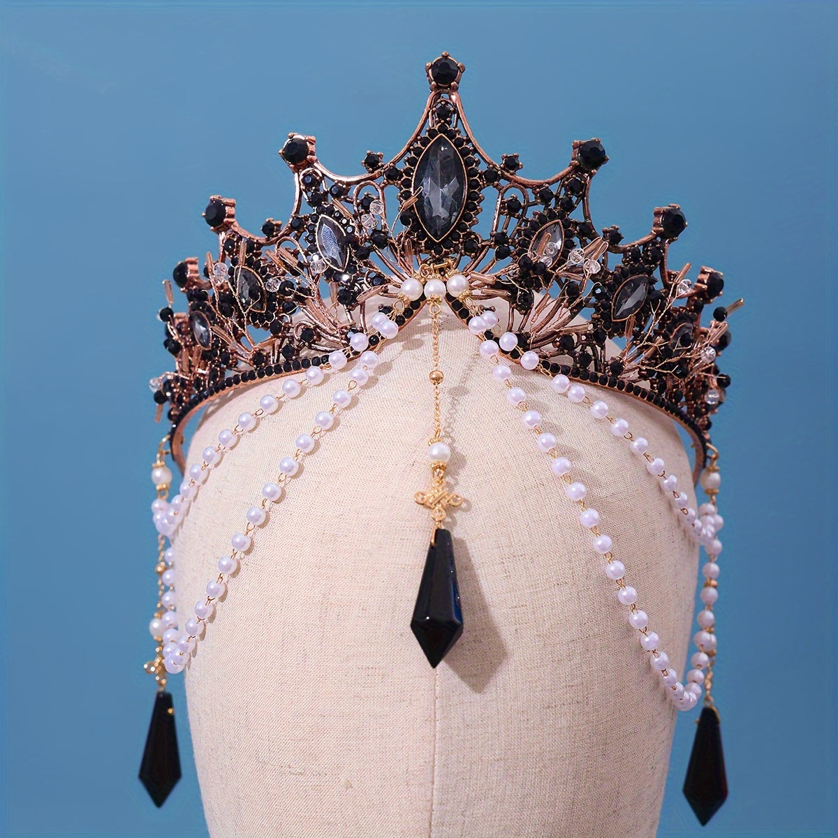 Handmade Rhinestone Crown with Beads and Faux Pearl Pendant for Wedding Hair Accessories